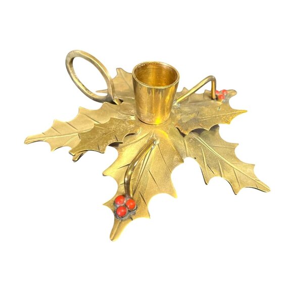 Vtg Brass Holly Berries Chamberstick Candleholder Finger Loop Set of 4 - Picture 4 of 5